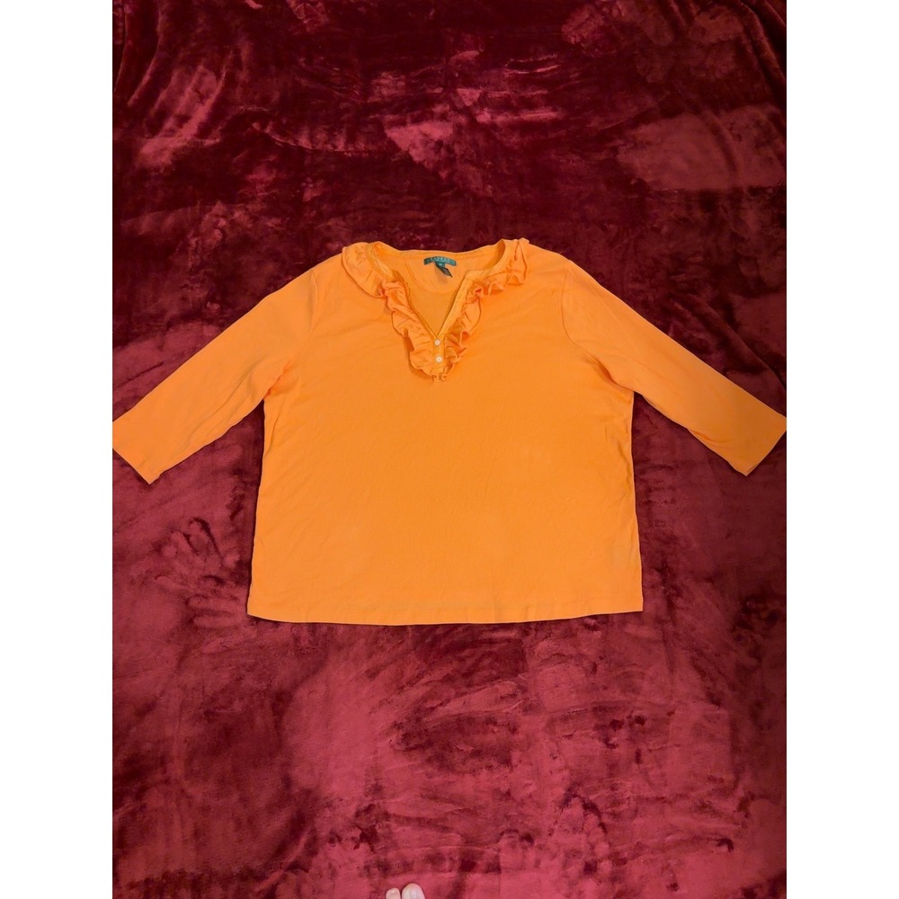 Lauren Ralph Lauren Orange Ruffle V-Neck 3/4 Sleeve Ribbed Cotton Top 3X